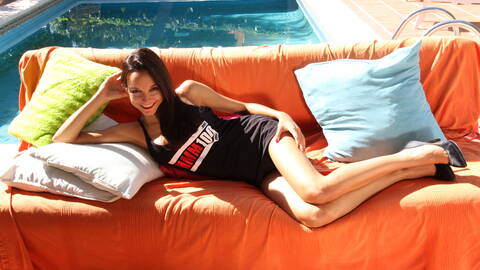 Pornstar brunette Francys Belle doing a strip wearing MMM100 Tshirt 