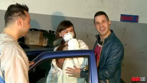 Threesome in the workshop with Alexandra a cute russian babe