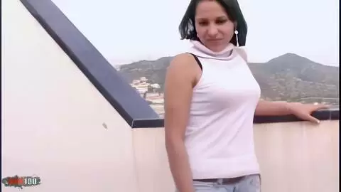 Pretty petite brunette Erika stripping on the terrace 