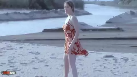 Sensational striptease of pretty blonde Tigra undressing by the sea and ends totally naked 